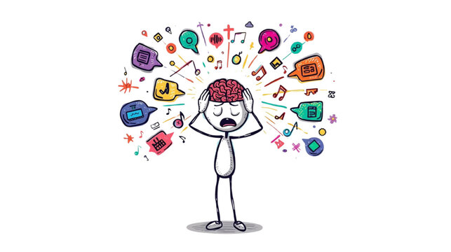 Overwhelmed Person with Brain Amidst Chaotic Colorful Thoughts and Musical Notes