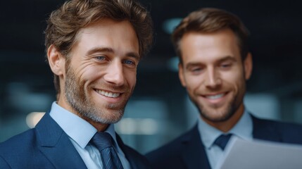 Two confident men in suits smiling while looking at a document. They appear to be in a professional setting, possibly discussing business matters. The image evokes a sense of partnership and success