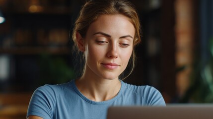 A woman engrossed in her work on laptop. Her focused expression reveals her dedication to the task
