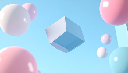 Dreamy floating cube and pastel spheres