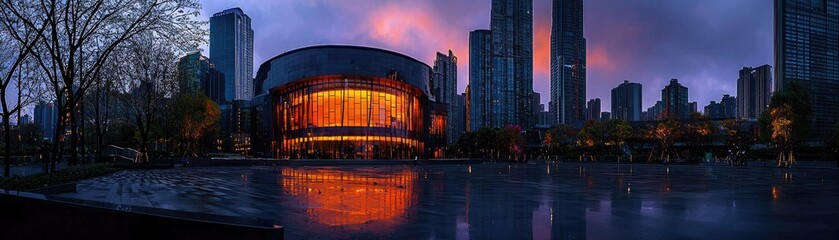 Modern architecture reflecting in a city park at twilight.