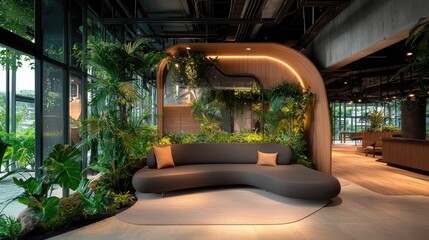 Modern lounge area with lush greenery and curved design.