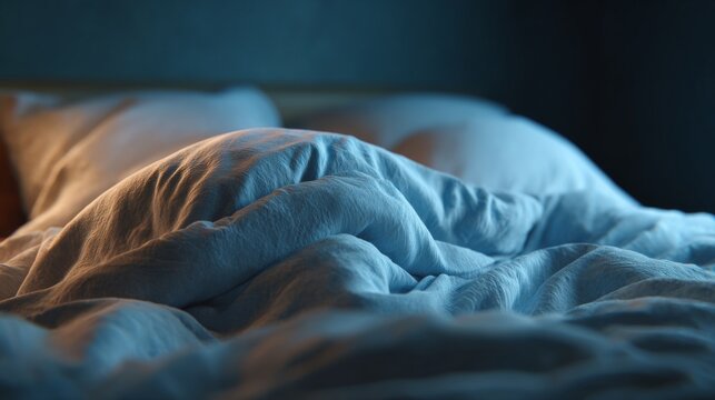 A person asleep under a duvet with pillows on the bed in the dark room. Close up view.