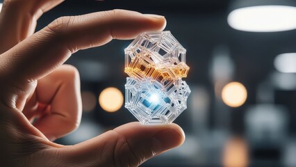 Close up of a person's hand holding a complex geometric crystal structure with glowing blue and orange light inside, representing innovation and technology with futuristic