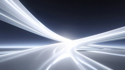 Abstract futuristic highway with bright light trails and smooth curves leading towards a glowing horizon in a minimalistic digital landscape