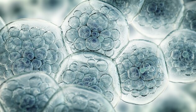 Close-up of human cells dividing and multiplying in a biological process.