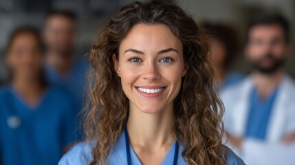 Smiling female healthcare professional looking at the camera with her team in the background. She is wearing a blue uniform and stethoscope, symbolizing care and compassion. 