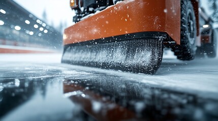 Snowplow in action clearing a snow-covered ice rink showcasing winter maintenance equipment