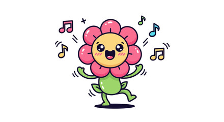 Obraz premium Cute dancing flower with musical notes, happy and joyful illustration