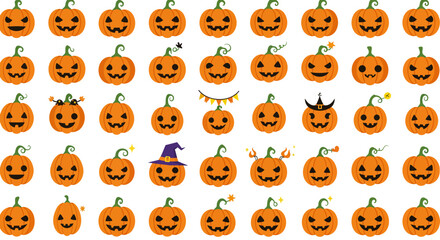 Fototapeta premium A vibrant collection of Halloween pumpkin illustrations, featuring diverse Jack-o'-lantern faces and playful accessories, perfect for autumn-themed designs and spooky seasonal projects