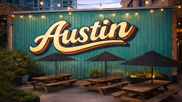Austin Mural with Outdoor Patio Seating and Energetic Camera Dolly Move