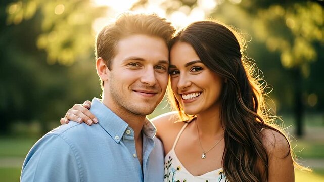 A happy couple smiling warmly in a sunlit outdoor setting.