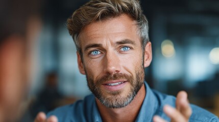 Close up of a man looking friendly and confident with a casual but professional style