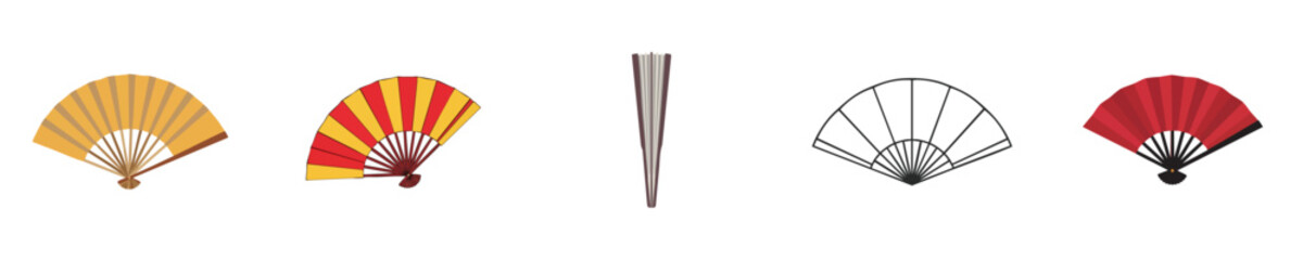 Chinese Folding Fan Lunar Festival Traditional Elegant Flat Vector Icon Collection Set