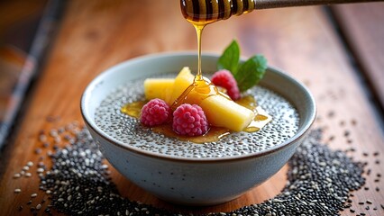 Bowl with Chia seed pudding topped with fruit and honey 