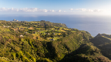 Panoramic Aerial view of Maui, Hawaii mountain and ocean landscapes along Waihee Ridge trail...