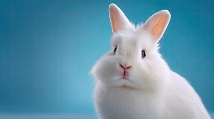 Obraz premium Cute fluffy white rabbit with big eyes resting against a soft blue backdrop and showcasing its adorable features and charming expression in a neutral pose.
