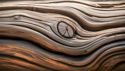 Smooth flowing wood grain curves around a central knot with natural lines and textures in shades of brown and tan creating an organic wavy abstract wooden pattern