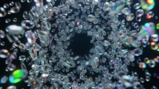 Abstract swirling vortex of clear water droplets and light reflections