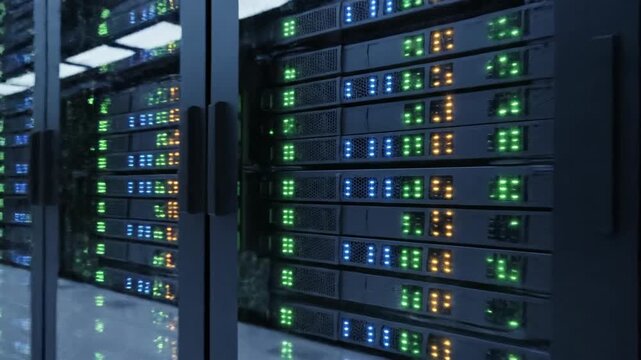 Rows of server racks with glowing indicator lights in a data center.