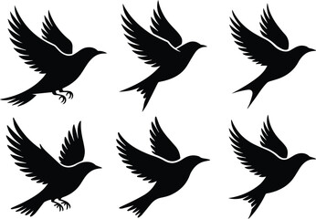 Fototapeta premium Set of Minimalist black bird flying upward for freedom silhouette vector icon