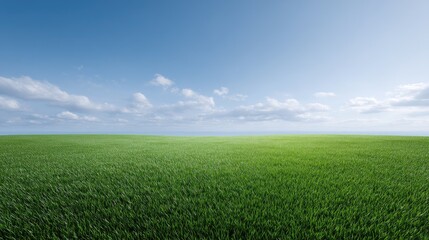 Obraz premium Lush Green Grass Field Under a Bright Blue Sky with Soft White Clouds and Gentle Horizon Stretching Out into the Distance