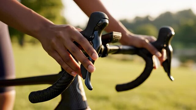 Cyclist gripping bicycle handlebars in a serene outdoor setting.