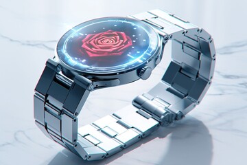 A stylish, high-tech wristwatch displays an elegant red rose hologram, set on a pure white marble surface, where it presents sharp lines and a shallow depth-of-field effect under studio lighting.