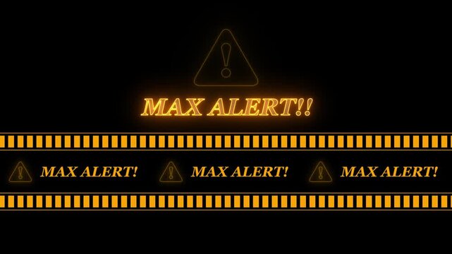 MAX ALERT text icon in border frame with tape animation.Alert all program interface virus sign.privacy and protection data,glowing neon triangle sign with exclamation mark.