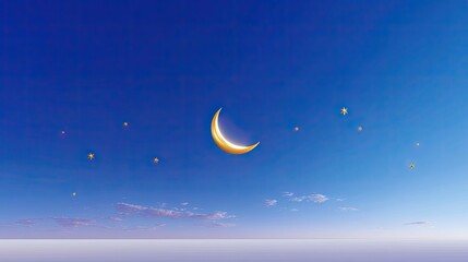 Fototapeta premium Serene Night Sky with a Bright Crescent Moon and Distant Stars Illuminating a Calm Horizon at Twilight