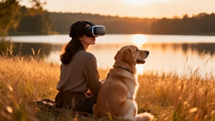Woman with dog using VR headset by lake