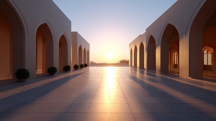 Serene Sunset Over Archway Courtyard with Warm Light, Peaceful Atmosphere and Soft Shadows on a Modern Architecture Background