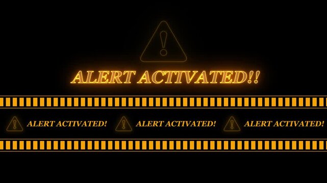 ALERT ACTIVATED text icon in border frame with tape animation.Alert all program interface virus sign.privacy and protection data,glowing neon triangle sign with exclamation mark.
