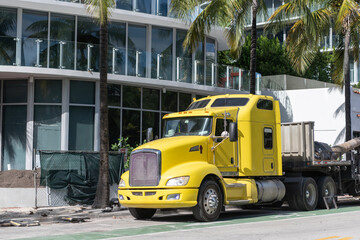 Transport concept. Road freight cars. rucking with semitruck vehicle. Semi truck in America. Freightliner trailer transportation. Rig truck semi trailer. Semitrailer on the road. American style truck