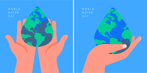 Hands holding transparent water drop with world map