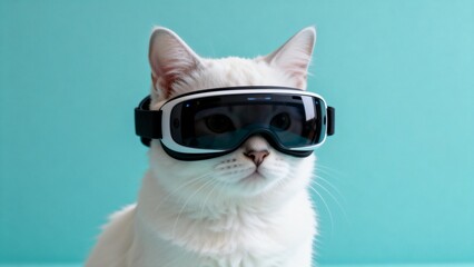 White cat wearing virtual reality glasses