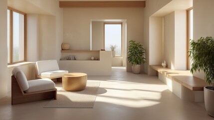 Fototapeta premium Serene Modern Living Room Interior with Natural Light and Minimalist Furniture Design for Relaxing and Peaceful Atmosphere