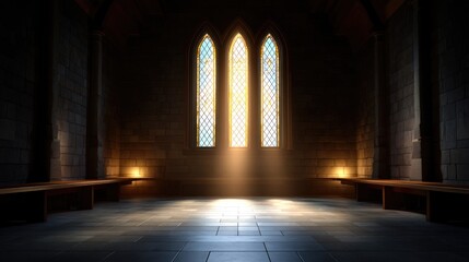 Obraz premium Illuminated Stone Room with Colorful Stained Glass Windows and Soft Light Creating a Serene Atmosphere in an Elegant Setting