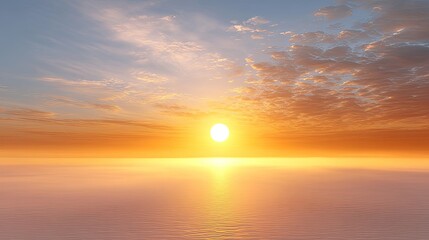 Majestic Sunrise Over Calm Ocean Waters with Gentle Waves and Colorful Sky Illuminated by Warm Sunlight