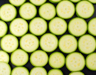 Sliced, round, green vegetables arranged in a grid pattern. Each slice showcases the interior with visible seeds. The slices are closely packed