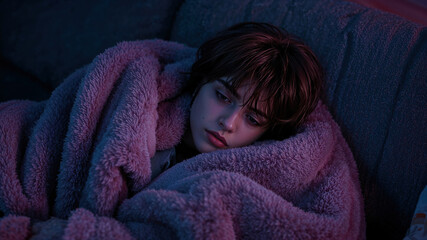 Young woman wrapped in a soft blanket resting on a couch under moody lighting