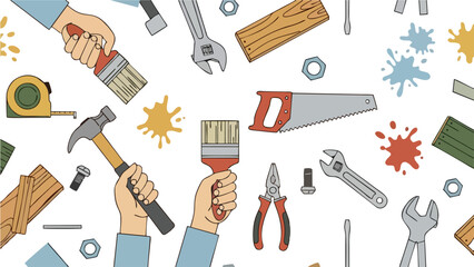 Obraz premium Seamless Pattern of DIY Hands Holding Tools for Home Renovation Construction and Crafting Projects
