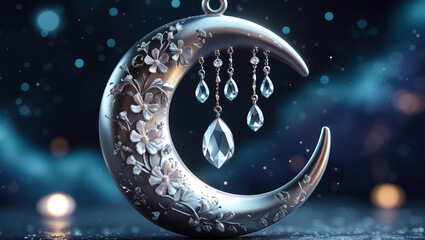 Ornate crescent moon pendant with floral details and crystal decorations on a blurred blue bokeh background