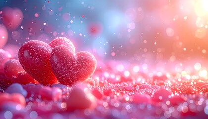 Soft focus romantic scene with two heart-shaped objects covered in sugar, surrounded by sparkles, bokeh, and hearts