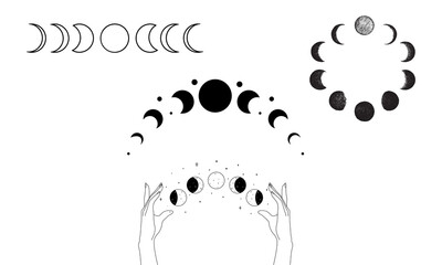Minimalist depiction of the moon's complete cycle on transparent background