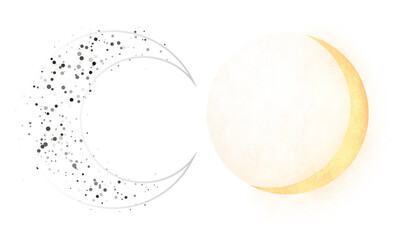 Stylized celestial alignment graphic featuring crescent moon and bright sun on transparent background