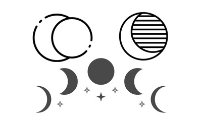 Celestial triple moon goddess phases with stars graphic design on transparent background