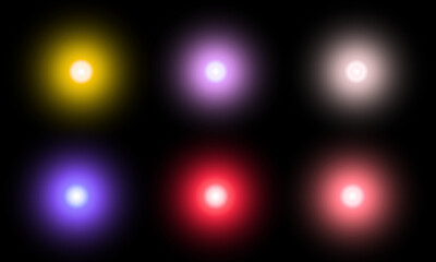 Six glowing color light flares creating abstract visual effects on transparent background