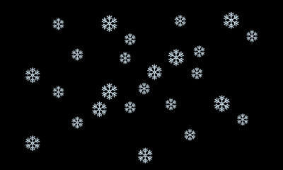 Falling white stylized snowflakes against a dark night sky on transparent background