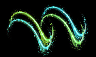 Glowing abstract neon light trails with sparkling particles on transparent background